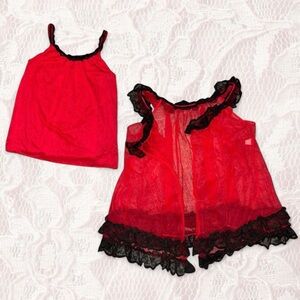 Vintage Red Lace-Trim Sheer Chemise Set with Black Accents